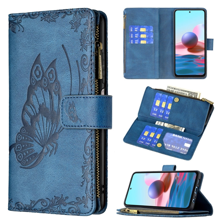 Blue embossed butterfly leather flip wallet case with zipper, card slots, phone and card holder