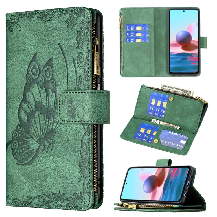 Green embossed butterfly zipper wallet case with card slots and flip cover