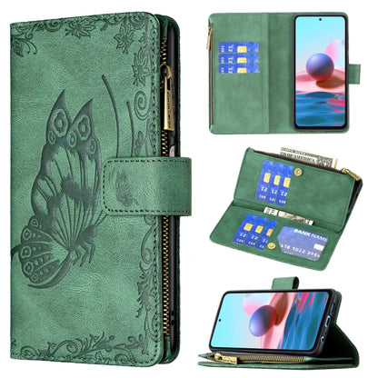 Green embossed butterfly zipper wallet case with card slots and flip cover