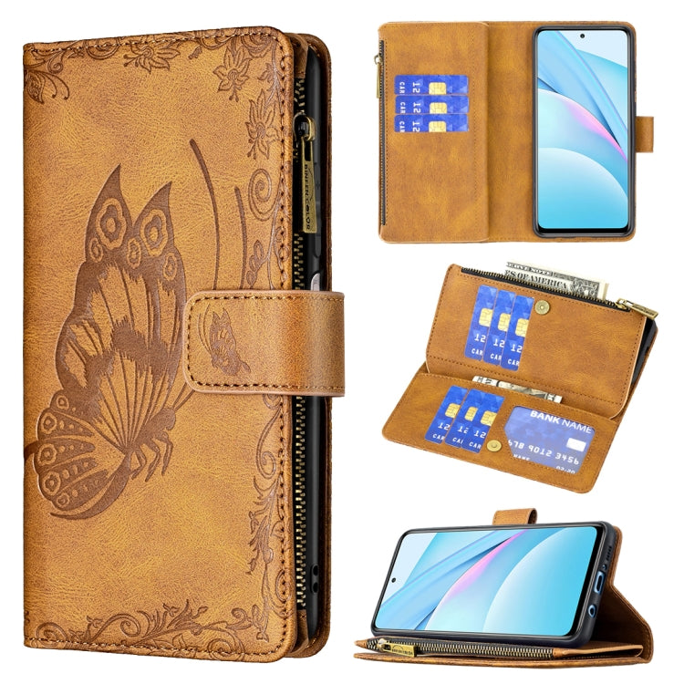 Brown embossed butterfly leather flip case with phone holder, card slots, and zipper pocket