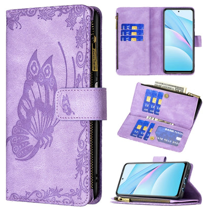 Purple embossed butterfly leather flip wallet case with zipper, card slots, phone viewing pocket