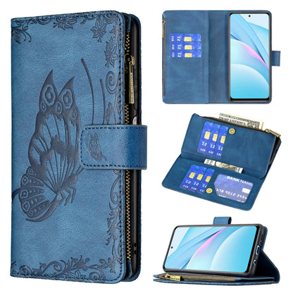 Blue embossed butterfly flip wallet phone case with zipper, card slots, phone holder