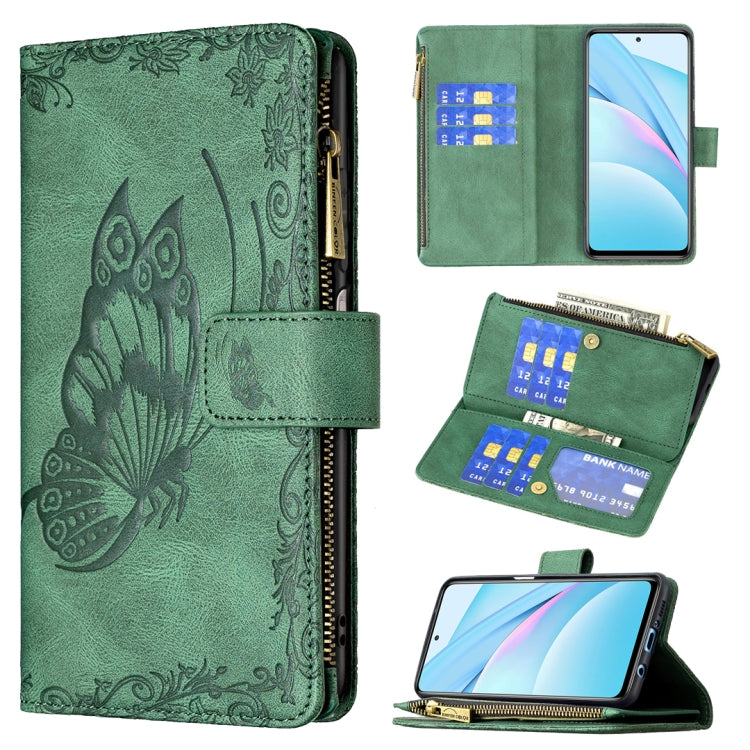 Green embossed butterfly flip phone case with zipper, front cover and card slots wallet