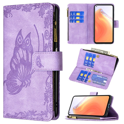 Purple embossed butterfly leather flip wallet case with zipper, card slots, interior card holders
