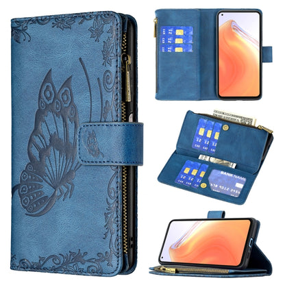 Blue embossed butterfly zipper flip leather phone case with card slots and holder