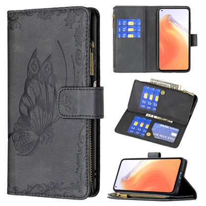 Black embossed butterfly flip zipper wallet case with card slots and stand