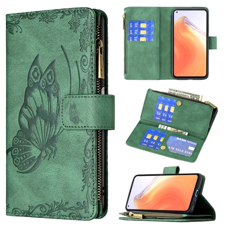 Green embossed butterfly flip phone case with zipper, card slots wallet; phone screen shows orange