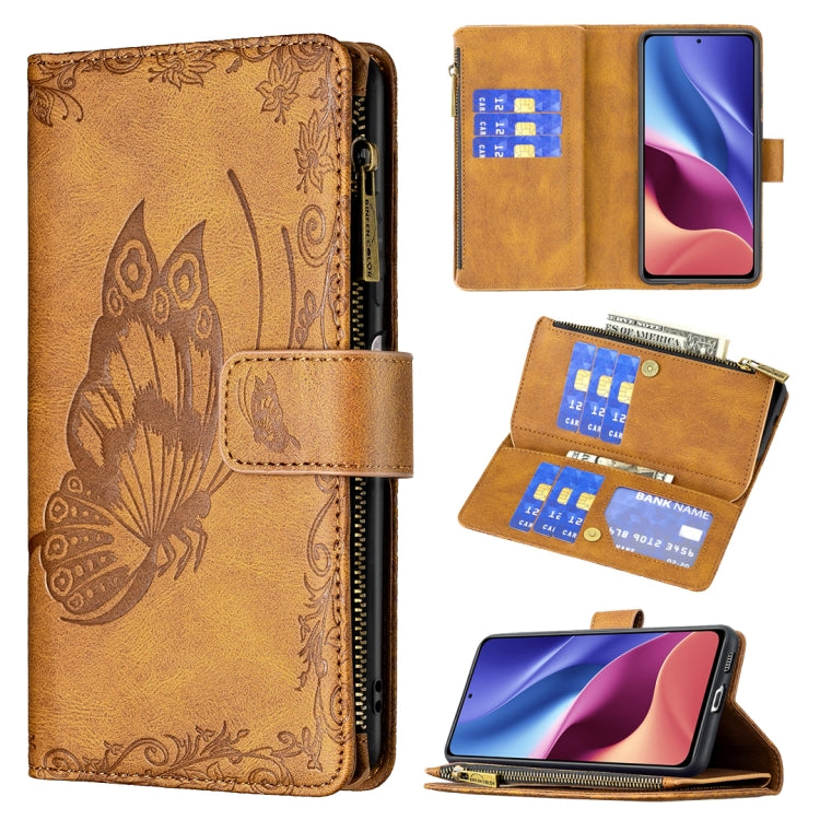 Brown embossed butterfly flip wallet phone case with zipper pocket, card holders, and stand