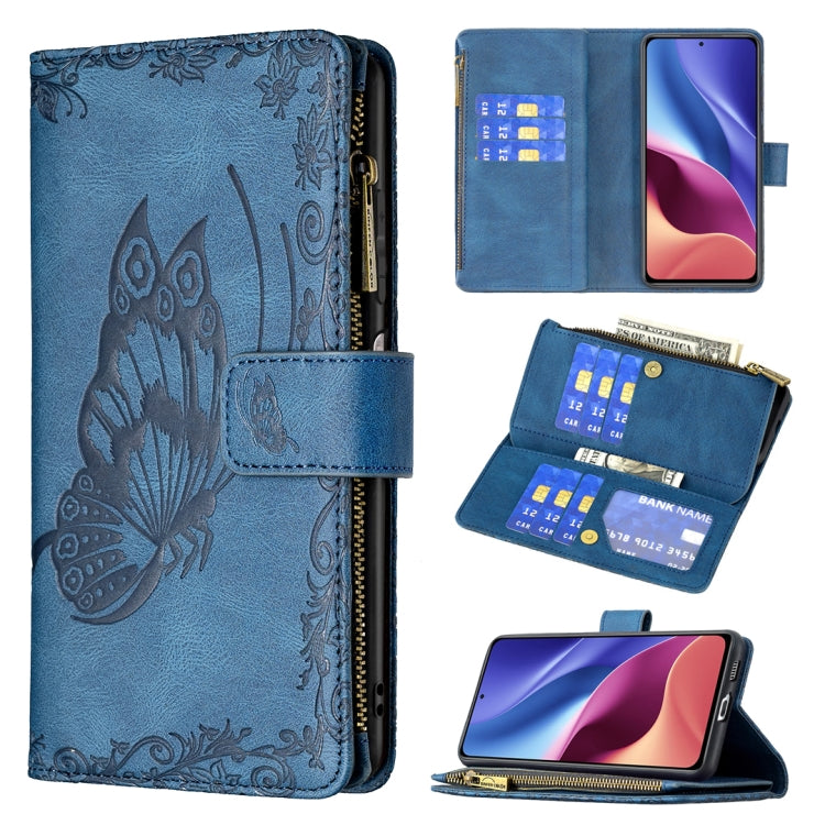 Blue embossed butterfly folio phone wallet case with zipper closure, card slots, holder