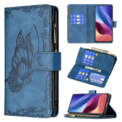 Blue embossed butterfly folio phone wallet case with zipper closure, card slots, holder