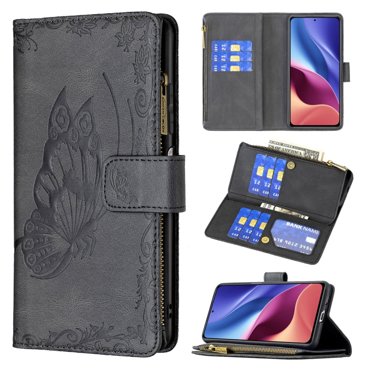 Black embossed butterfly zipper wallet case with card slots and horizontal flip