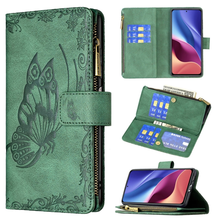 Green embossed butterfly flip phone case with zipper, card slots wallet; phone screen shows purple