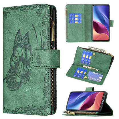 Green embossed butterfly flip phone case with zipper, card slots wallet; phone screen shows purple