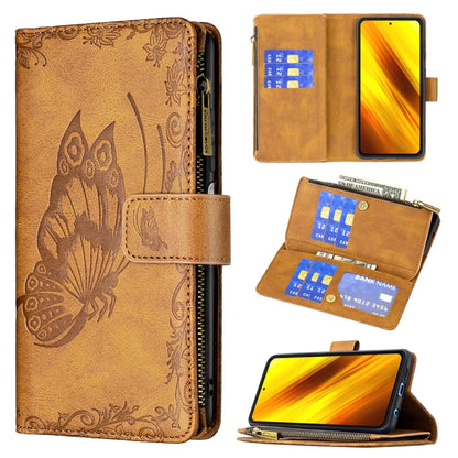 Brown embossed butterfly leather flip case with phone holder, card slots, and zipper closure