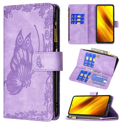 Purple embossed butterfly leather flip wallet case with zipper, card slots, flip cover and pockets