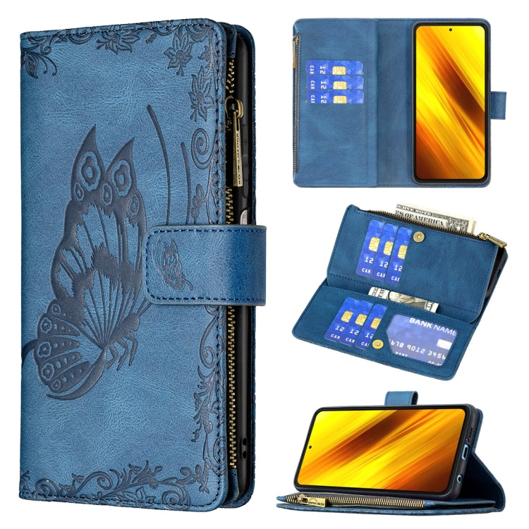 Blue embossed butterfly flip phone wallet case with zipper and multiple card slots