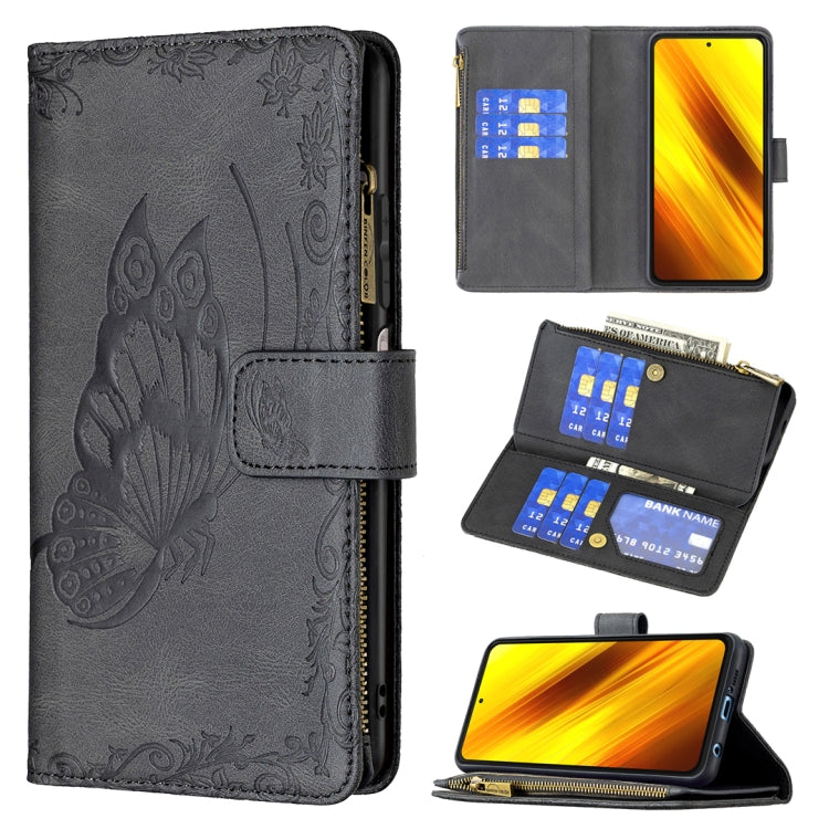 Black embossed butterfly zipper wallet phone case with card slots and holder