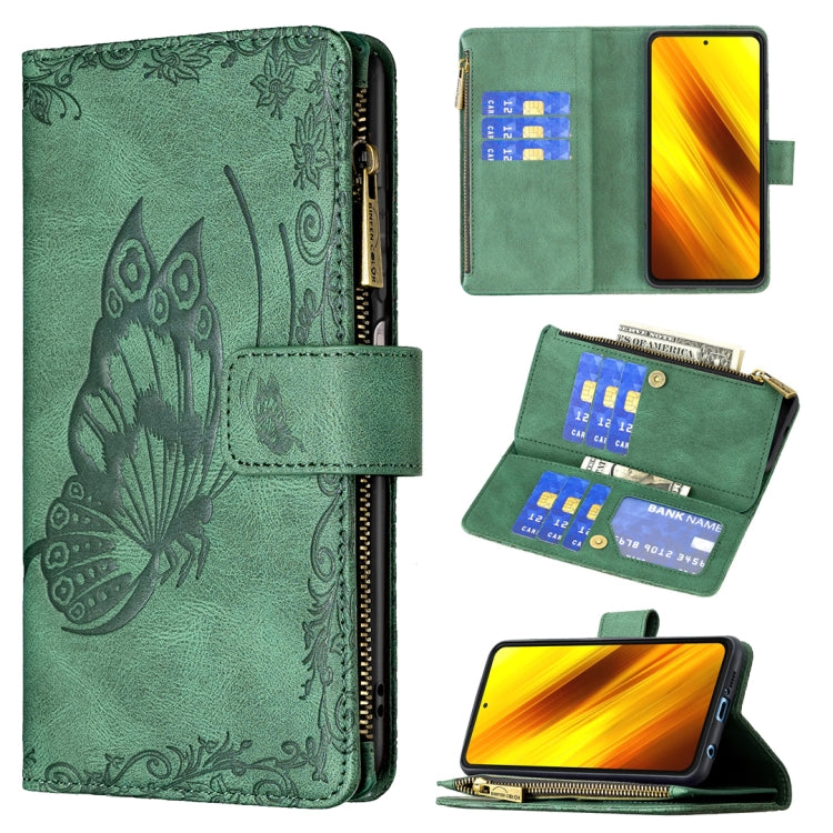 Green embossed butterfly flip phone case with zipper, card slots wallet; phone screen shows yellow