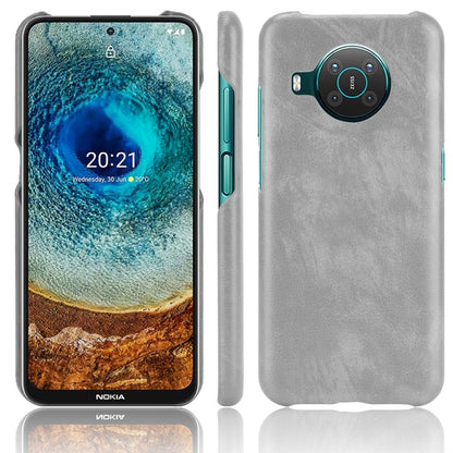 Shockproof phone case with litchi texture, grey dual-layer PC/PU, rear camera cutout