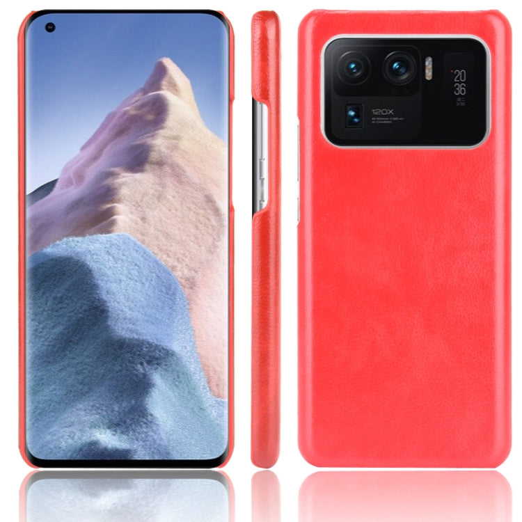 Shockproof phone case with litchi texture, red dual-layer PC/PU, rear camera cutout