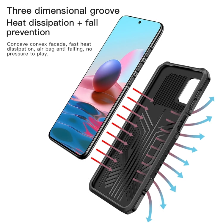 Shockproof protective phone case with heat-dissipation grooves and kickstand, blue accents