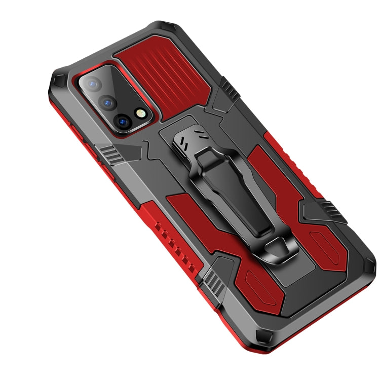Shockproof armored phone case with red textured back panel and stand, black PC+TPU
