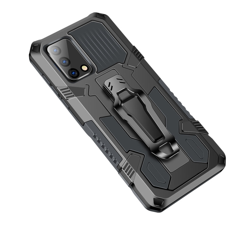 Rugged shockproof phone case in gray and black, textured back and built-in kickstand