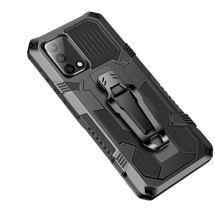 Rugged shockproof phone case in gray and black with textured back and kickstand