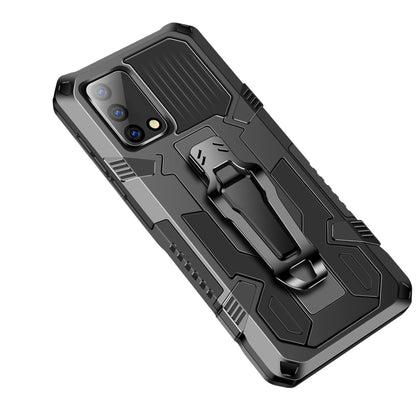 Rugged shockproof phone case in gray and black with textured back and kickstand