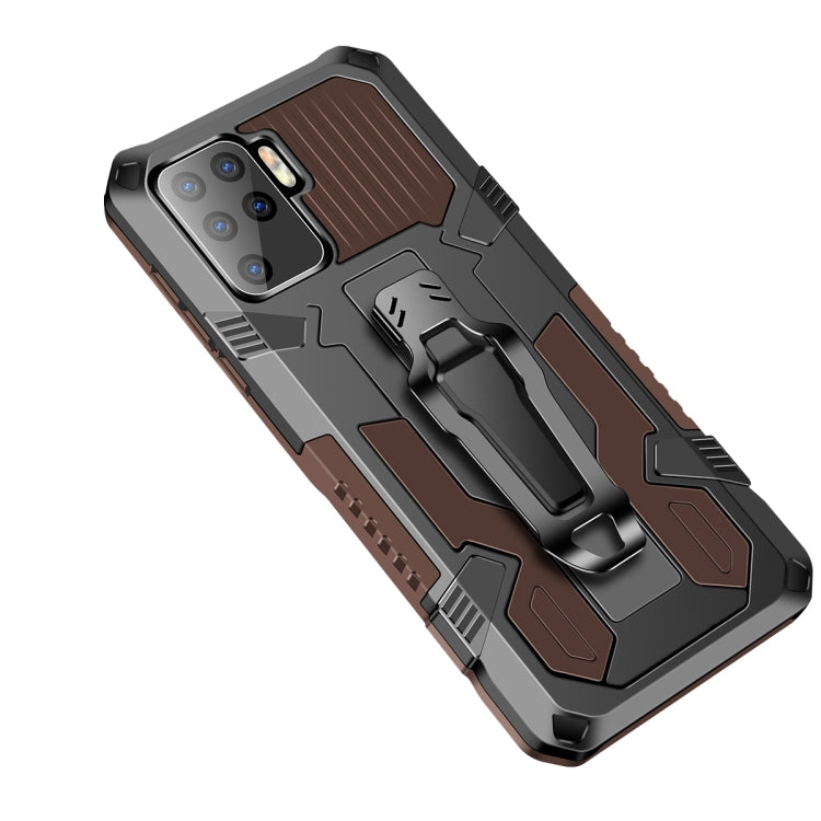Shockproof armored phone case with brown textured back panel and stand, black PC+TPU
