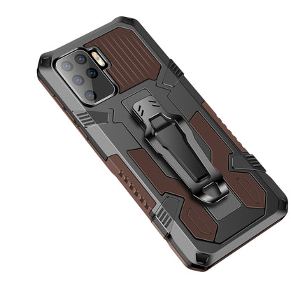 Shockproof armored phone case with brown textured back panel and stand, black PC+TPU