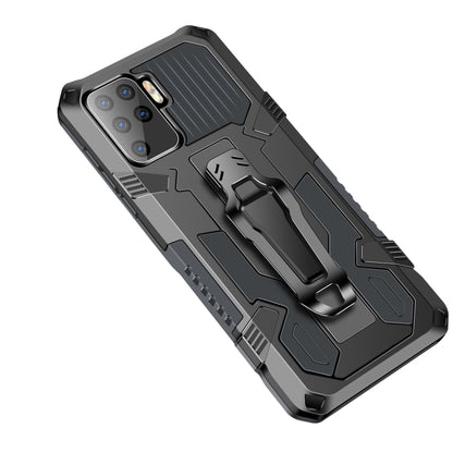 Rugged shockproof phone case with textured grip panel, gray and black armor design