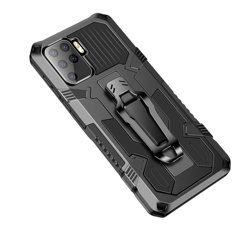Rugged shockproof phone case with gray back, black armor details and built-in kickstand