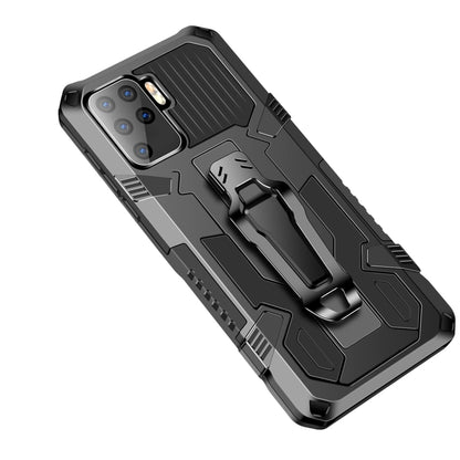 Rugged shockproof phone case with gray back, black armor details and built-in kickstand