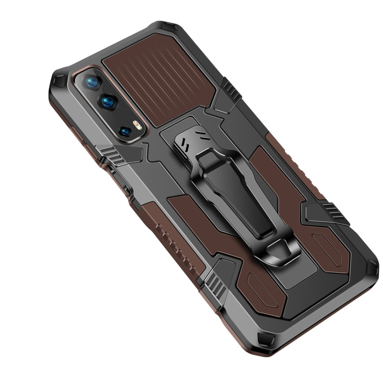 Shockproof armored phone case with brown panel, rugged grips, and camera cutouts, PC+TPU