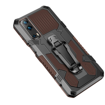 Shockproof armored phone case with brown panel, rugged grips, and camera cutouts, PC+TPU
