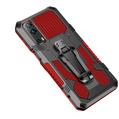 Shockproof armored phone case with red textured insert and raised camera bumper, PC+TPU