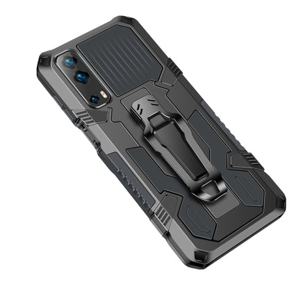 Rugged shockproof phone case with gray back, black armor frame and built-in kickstand