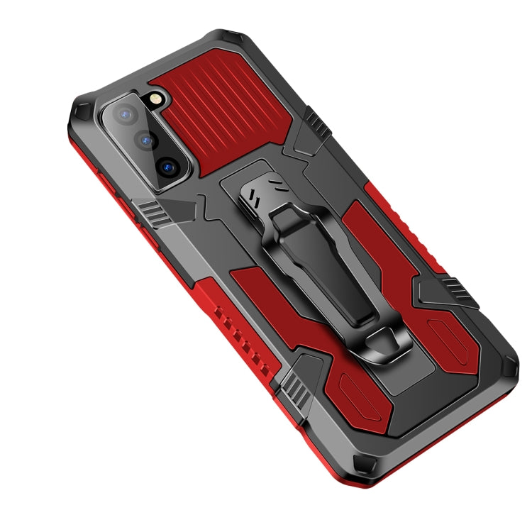 Shockproof armored phone case with red textured back panel and built-in stand, PC+TPU
