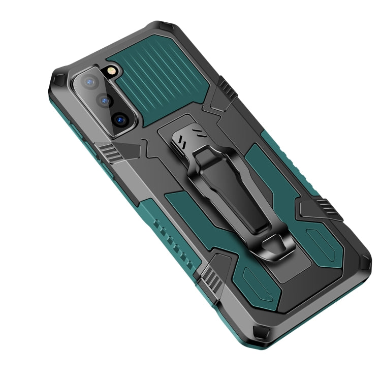 Shockproof phone case with teal accents, rugged armor panels and built-in kickstand