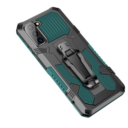 Shockproof phone case with teal accents, rugged armor panels and built-in kickstand