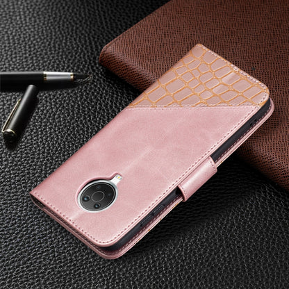 Rose gold PU leather flip wallet case with crocodile texture and camera cutout.