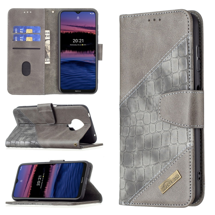 Grey PU leather wallet case with crocodile texture, card slots, and flip cover.
