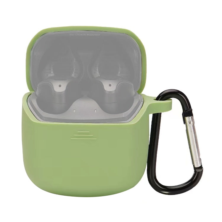 Grass green silicone earbud case with open lid and carabiner-style hook