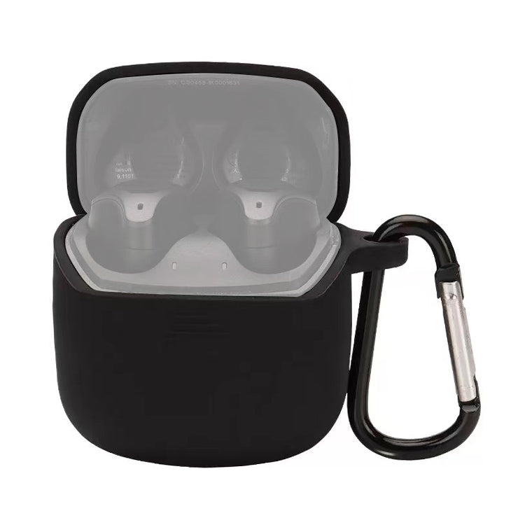 Black silicone earbud case with open lid and carabiner-style hook