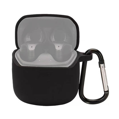Black silicone earbud case with open lid and carabiner-style hook
