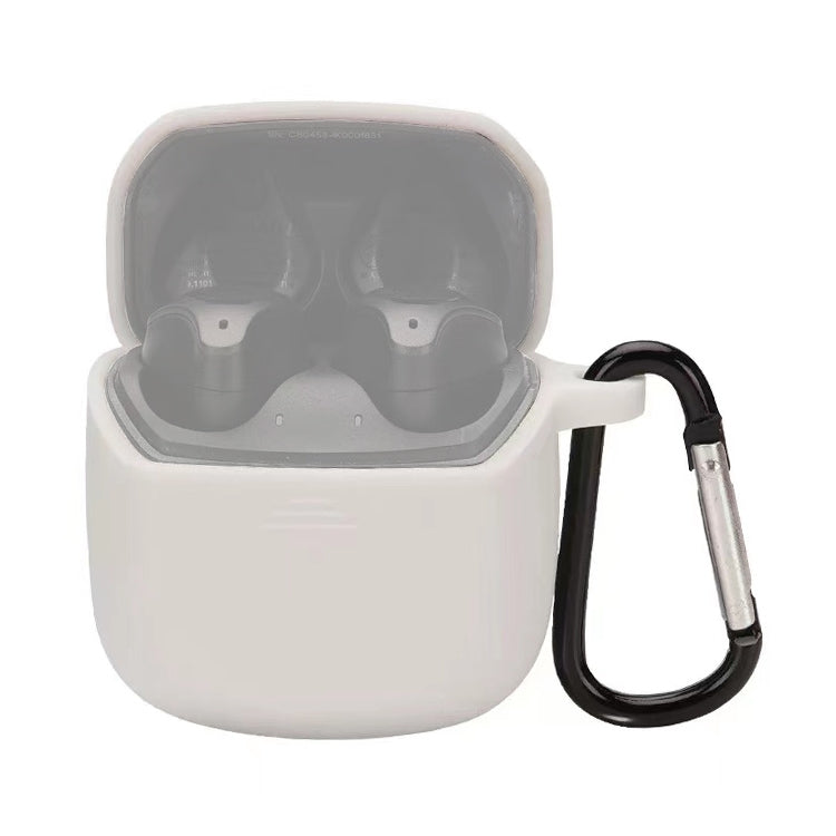 White silicone earbud case with open lid and carabiner-style hook