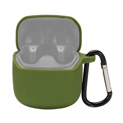Green silicone earbud case with open lid and carabiner-style hook