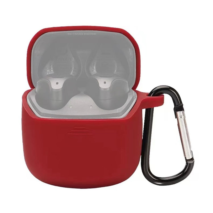 Red silicone earbud case with open lid and carabiner-style hook