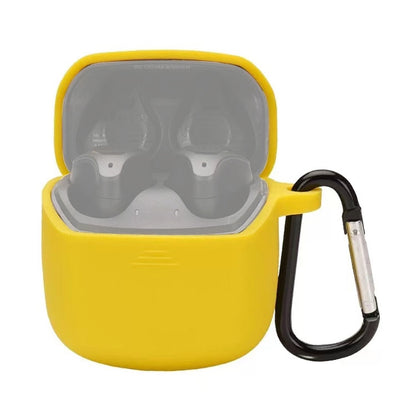 Yellow silicone earbud case with open lid and carabiner-style hook